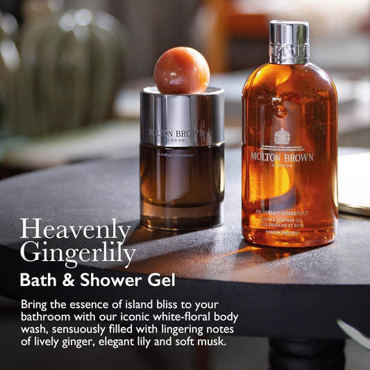 Molton Brown body wash pouring into palm creating creamy lather benefit: gentle cleansing