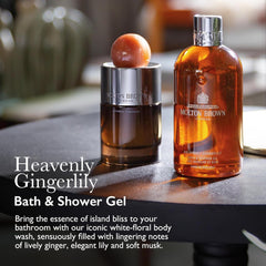 Molton Brown body wash pouring into palm creating creamy lather benefit: gentle cleansing