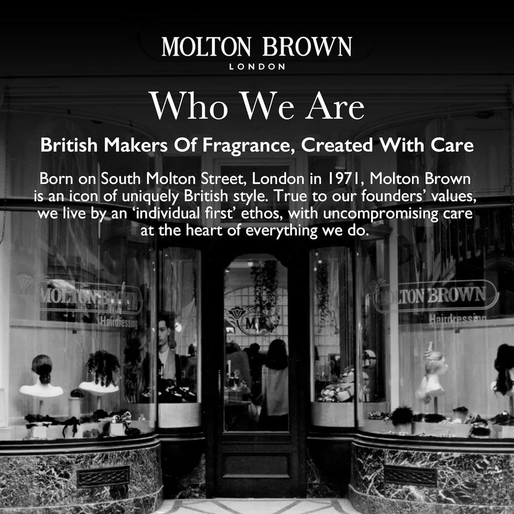 Molton Brown bottle on marble shelf evoking indulgent bathroom ritual