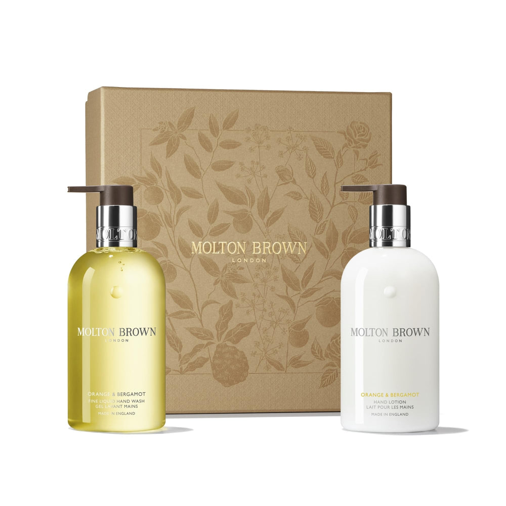 Molton Brown front packaging showing elegant gift box and bottles, luxury present
