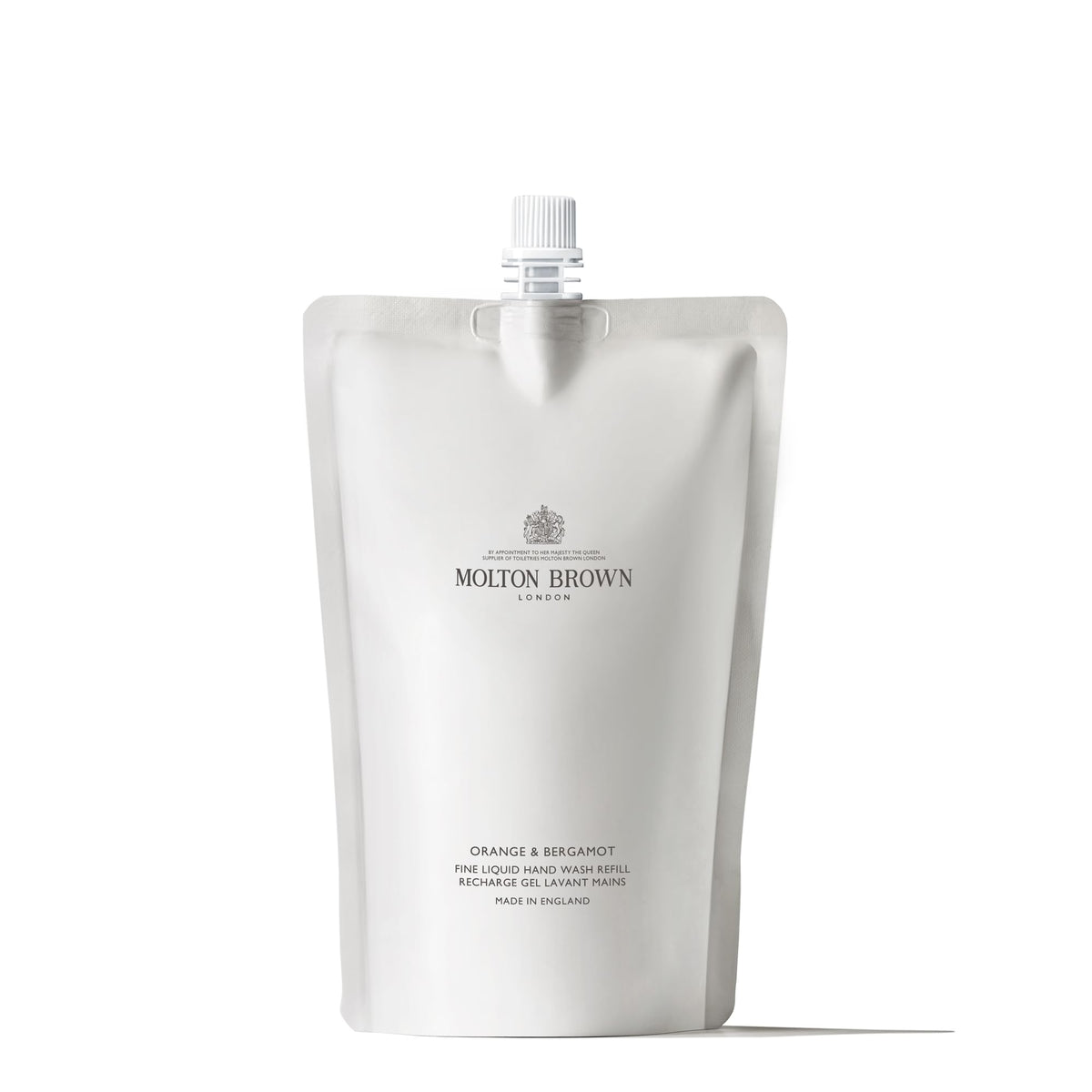 Molton Brown refill pouch front view showing citrus packaging and eco benefit