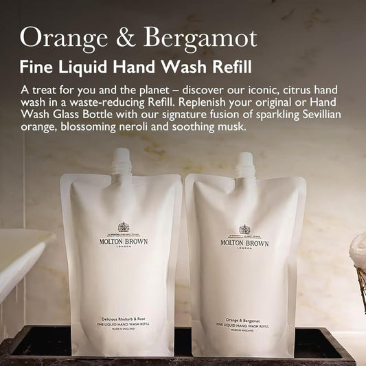 Molton Brown refill being poured into glass bottle demonstrating waste reduction