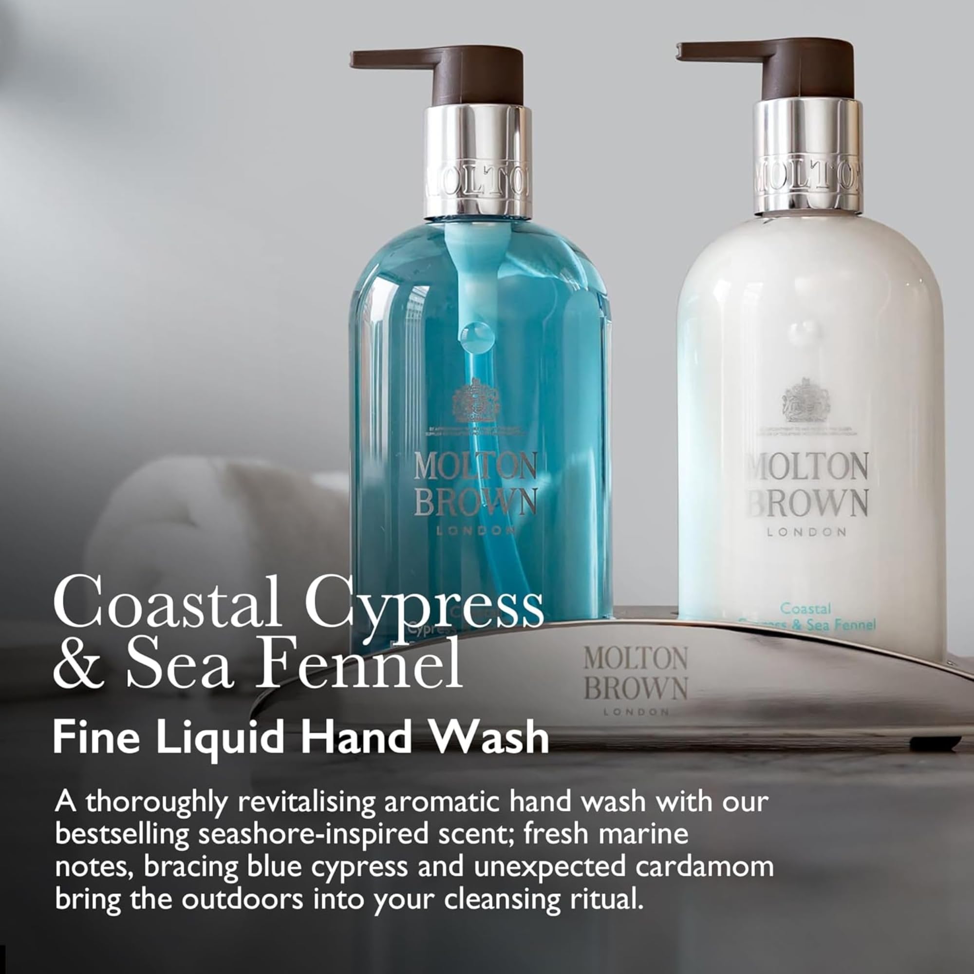 Molton Brown pump dispensing lather showing easy use and effective cleansing benefit