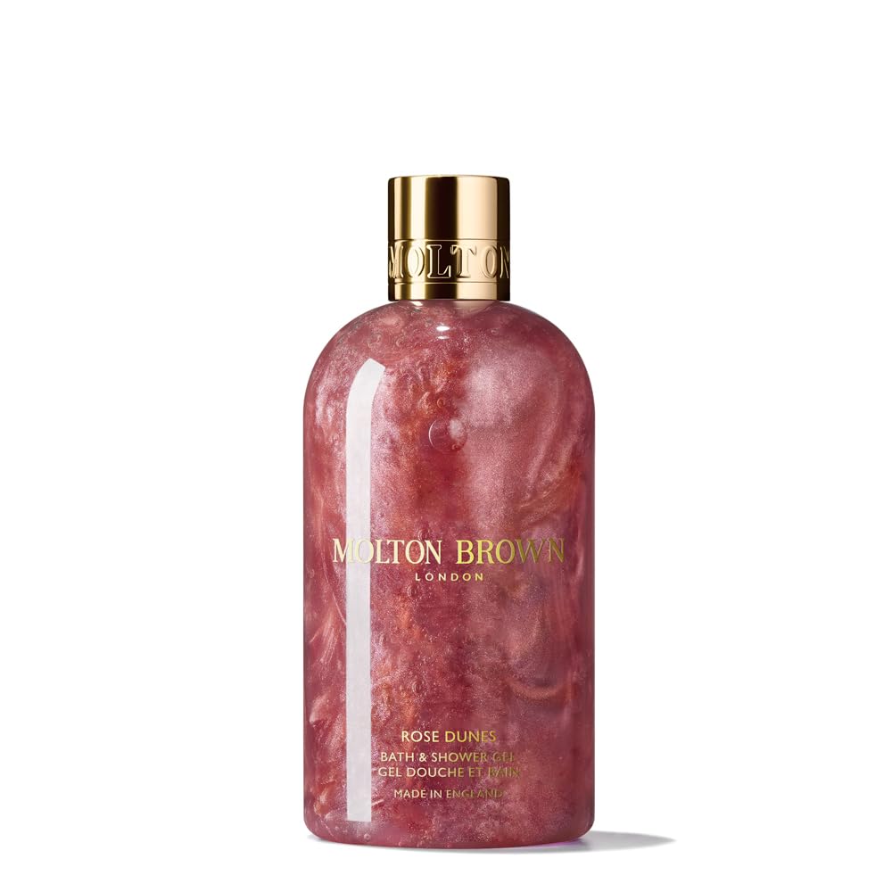 Molton Brown Rose Dunes front bottle displaying amber-rose gel and luxurious cleansing