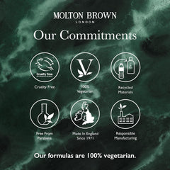 Molton Brown bottle in hand demonstrating 10 fl oz travel‑friendly size