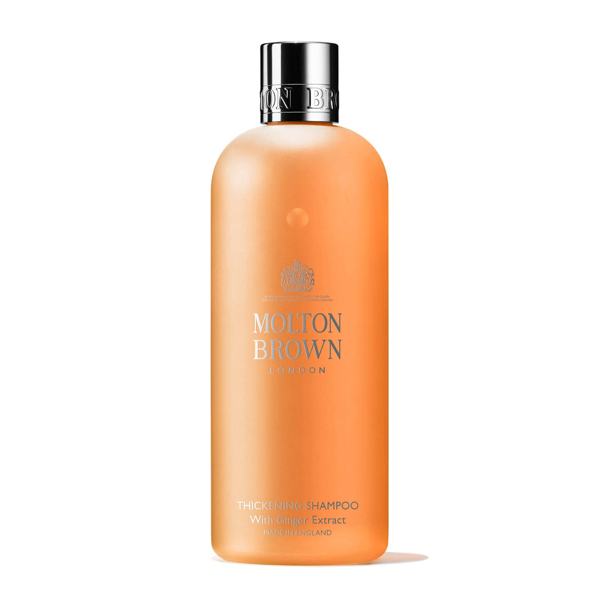 Molton Brown front bottle view showing label and size, promotes refined volumizing benefit