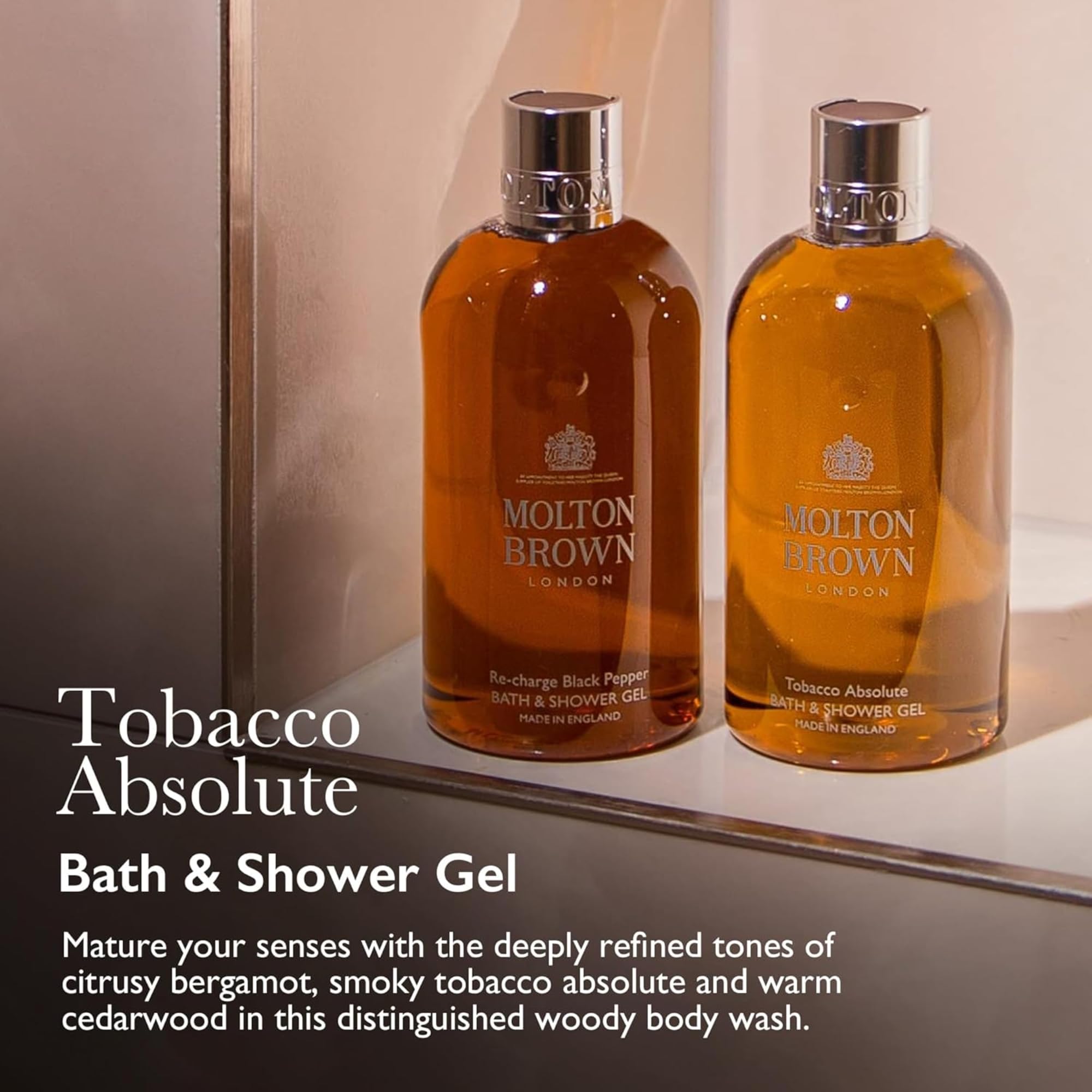 Molton Brown label close-up highlights tobacco absolute name and recyclable badge