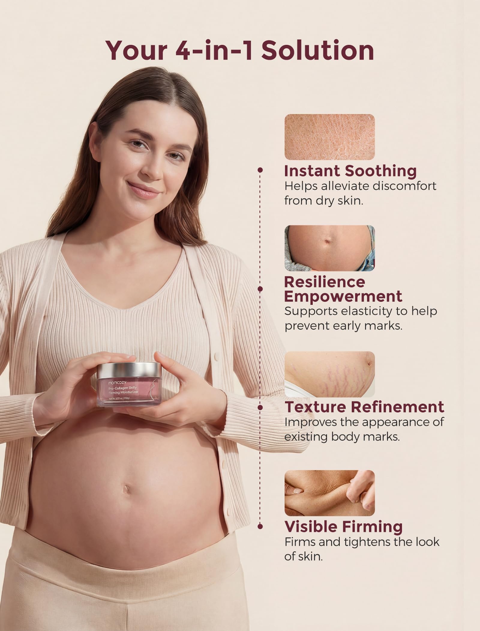 Momcozy lifestyle image of pregnant person applying cream at bedside for daily routine benefit