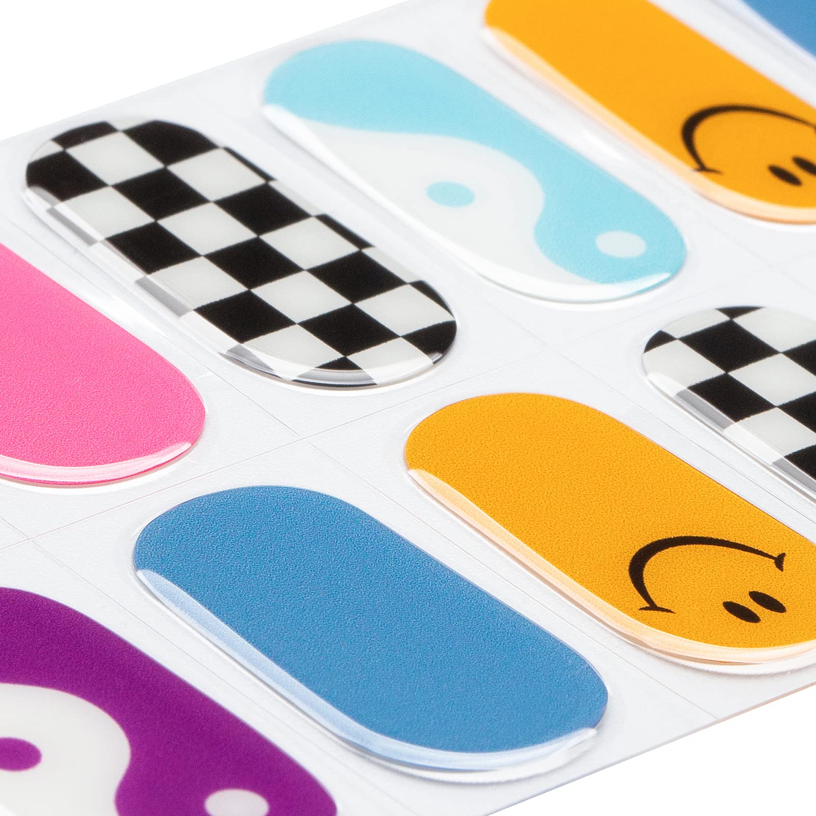 MOMSON close-up of sheet displaying colorful nail patterns and size options