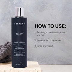 MONAT bottle next to hand for scale showing 237ml size and travel-friendly convenience