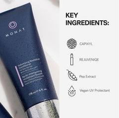 MONAT label close-up showing Rejuveniqe infusion and vegan claims