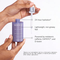 Applying MONAT serum to scalp demonstrating targeted follicle nourishment