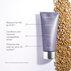 MONAT shampoo lather in hand showing gentle foam and effective cleansing