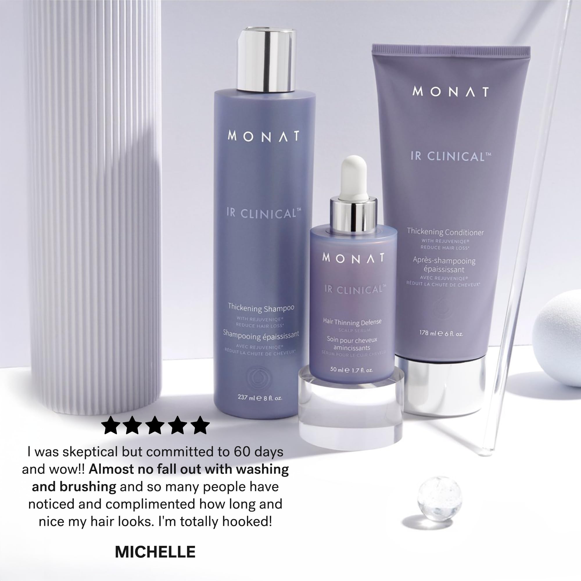 MONAT lifestyle bathroom display portraying clean, daily routine benefit