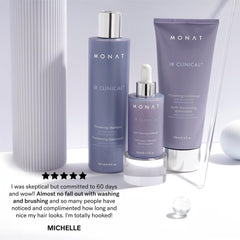 MONAT lifestyle bathroom display portraying clean, daily routine benefit