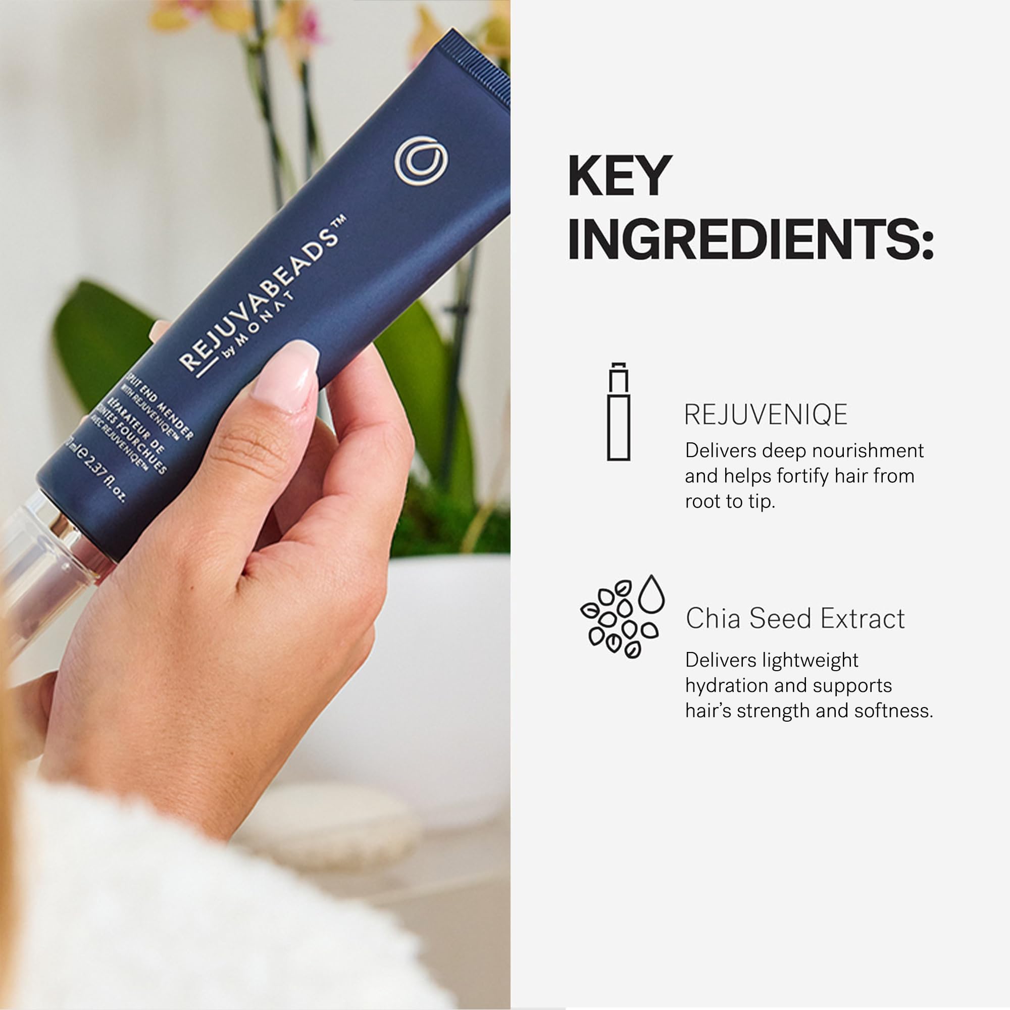MONAT label close-up showing key Rejuveniqe ingredients and clean-beauty claim