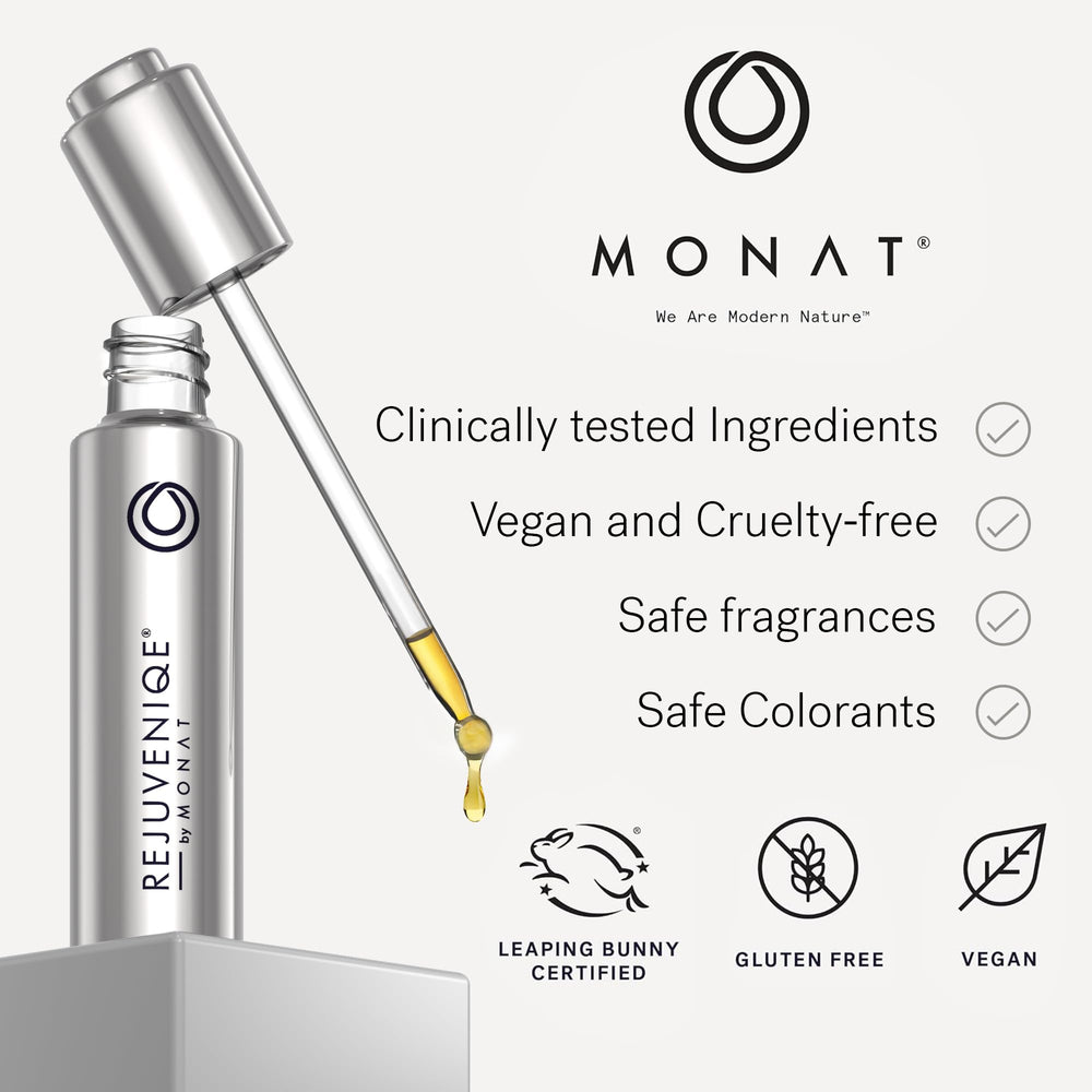 MONAT oil on bathroom vanity depicting easy daily routine benefit