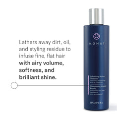 MONAT shampoo in-use lather on hair delivering gentle cleansing