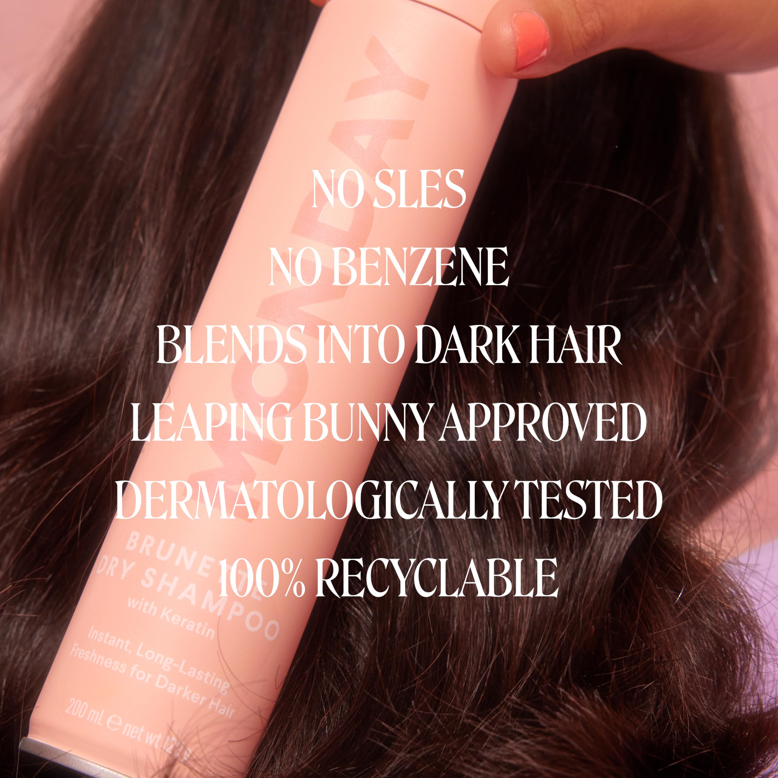MONDAY HAIRCARE brunette close-up label highlighting keratin and benefits