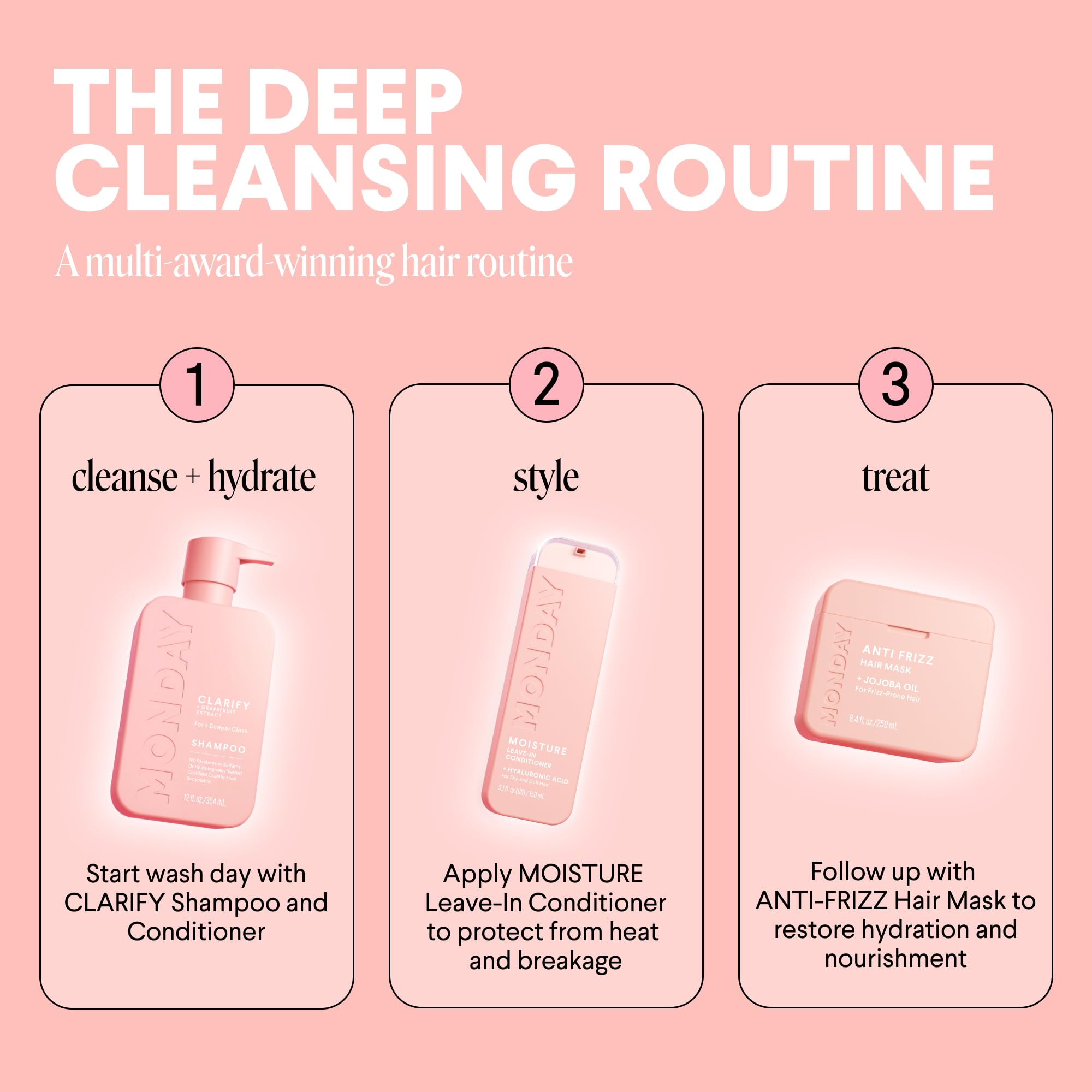 MONDAY HAIRCARE clarify recyclable bottle mark emphasizing eco-conscious packaging benefit