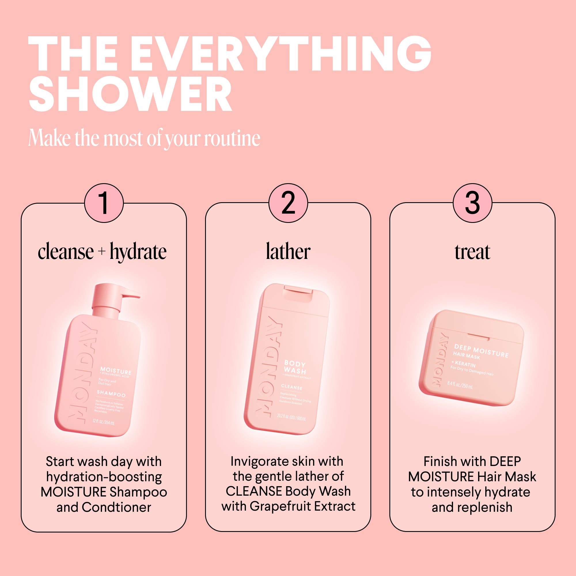 MONDAY HAIRCARE in-shower lifestyle scene conveying refreshing daily ritual