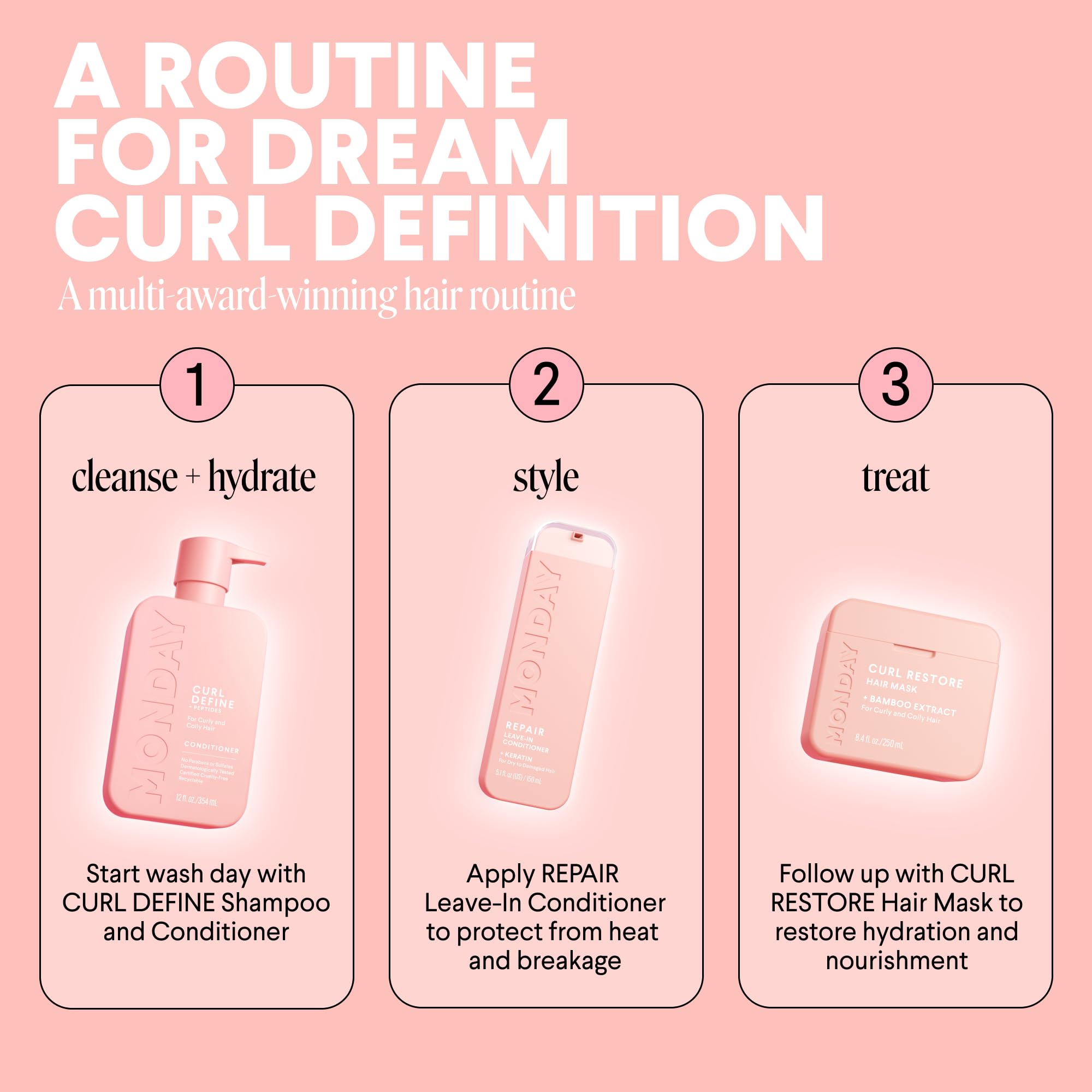 MONDAY HAIRCARE recyclable bottle label emphasizing eco-conscious packaging