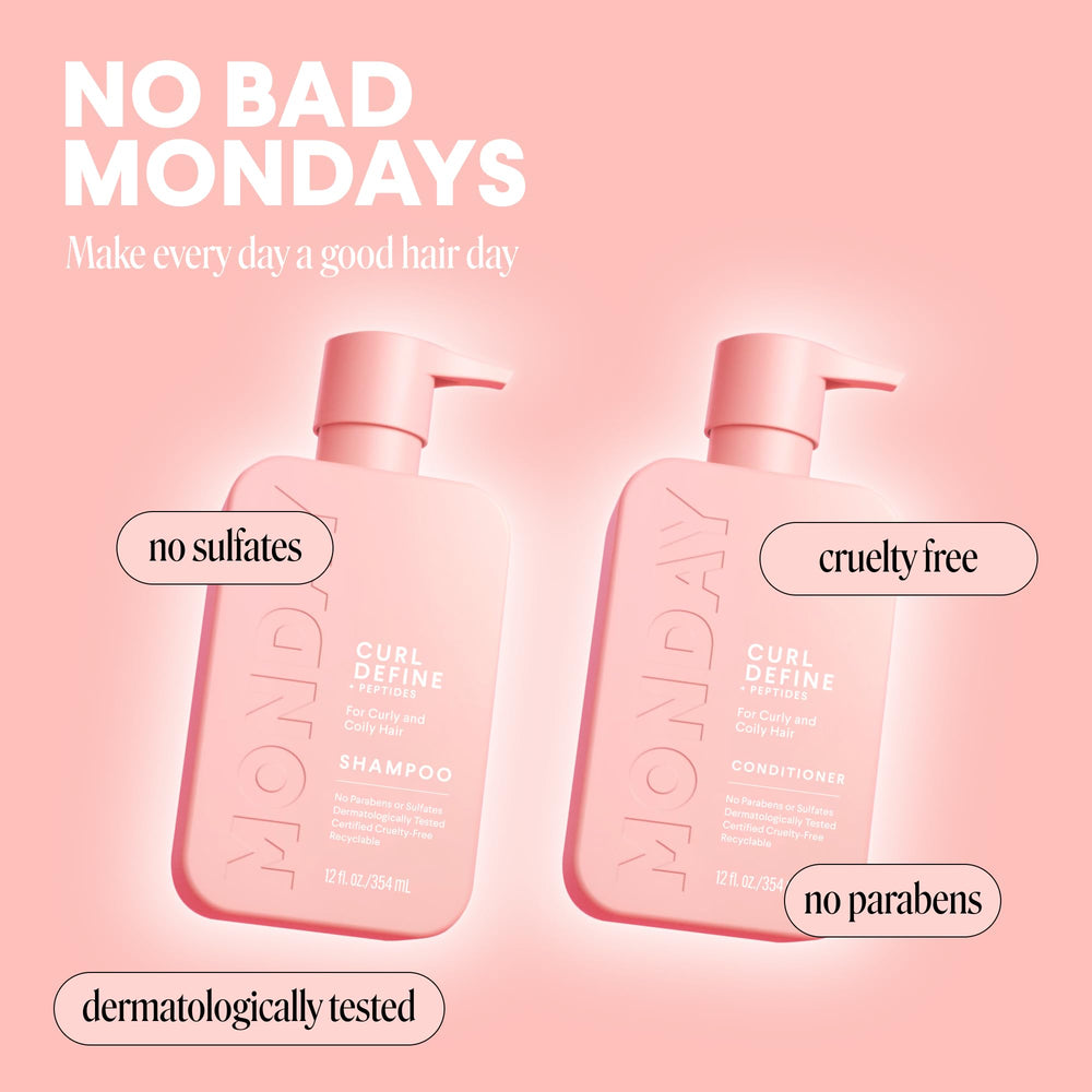 MONDAY HAIRCARE bottles next to hand to show 12 oz size and easy handling