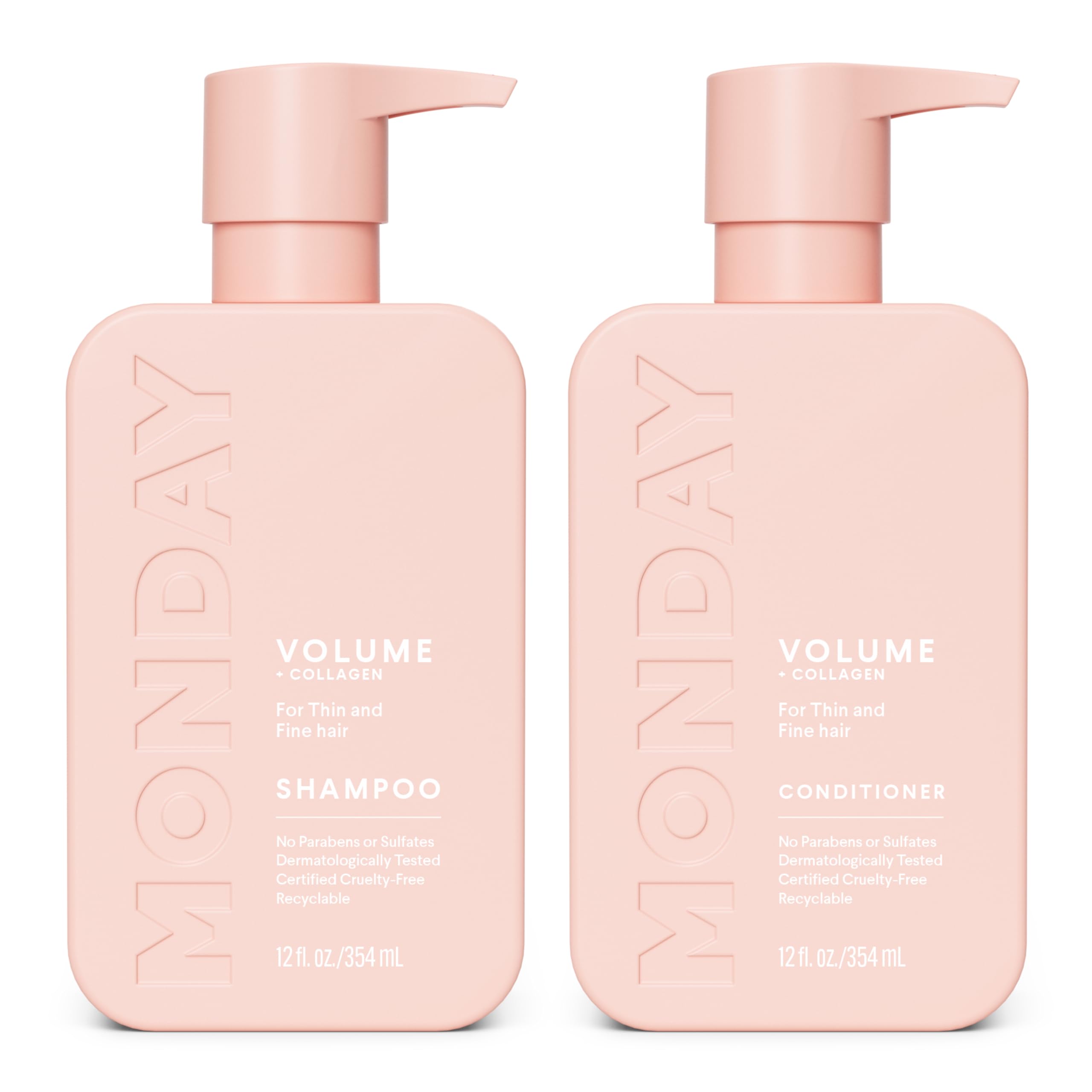 MONDAY HAIRCARE front packaging showing volume set and recyclable bottles benefit
