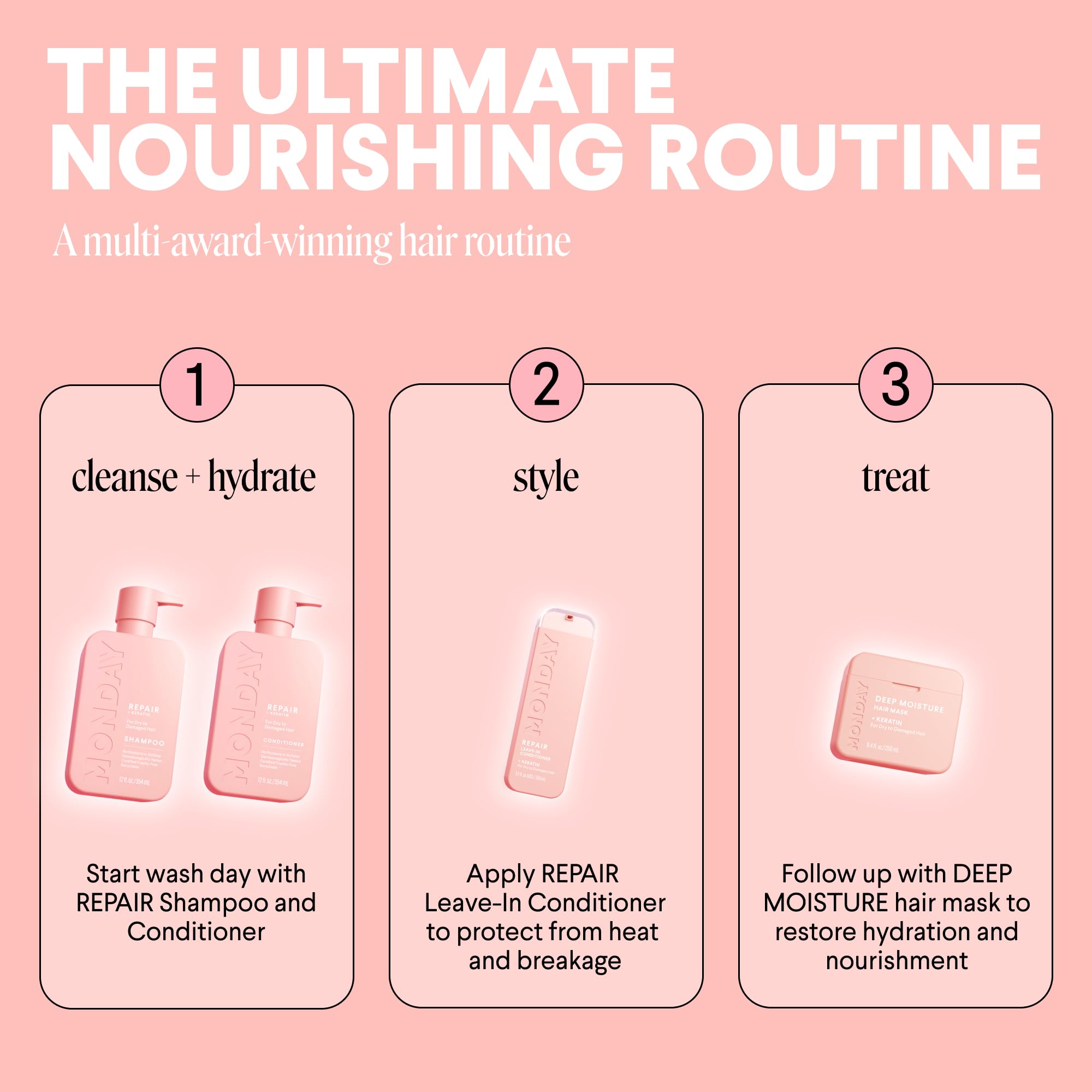 MONDAY HAIRCARE label close-up showing cruelty-free and quality certifications