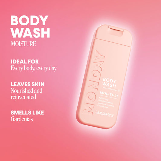 MONDAY HAIRCARE close-up of bottle texture and label highlighting key hydrating ingredients