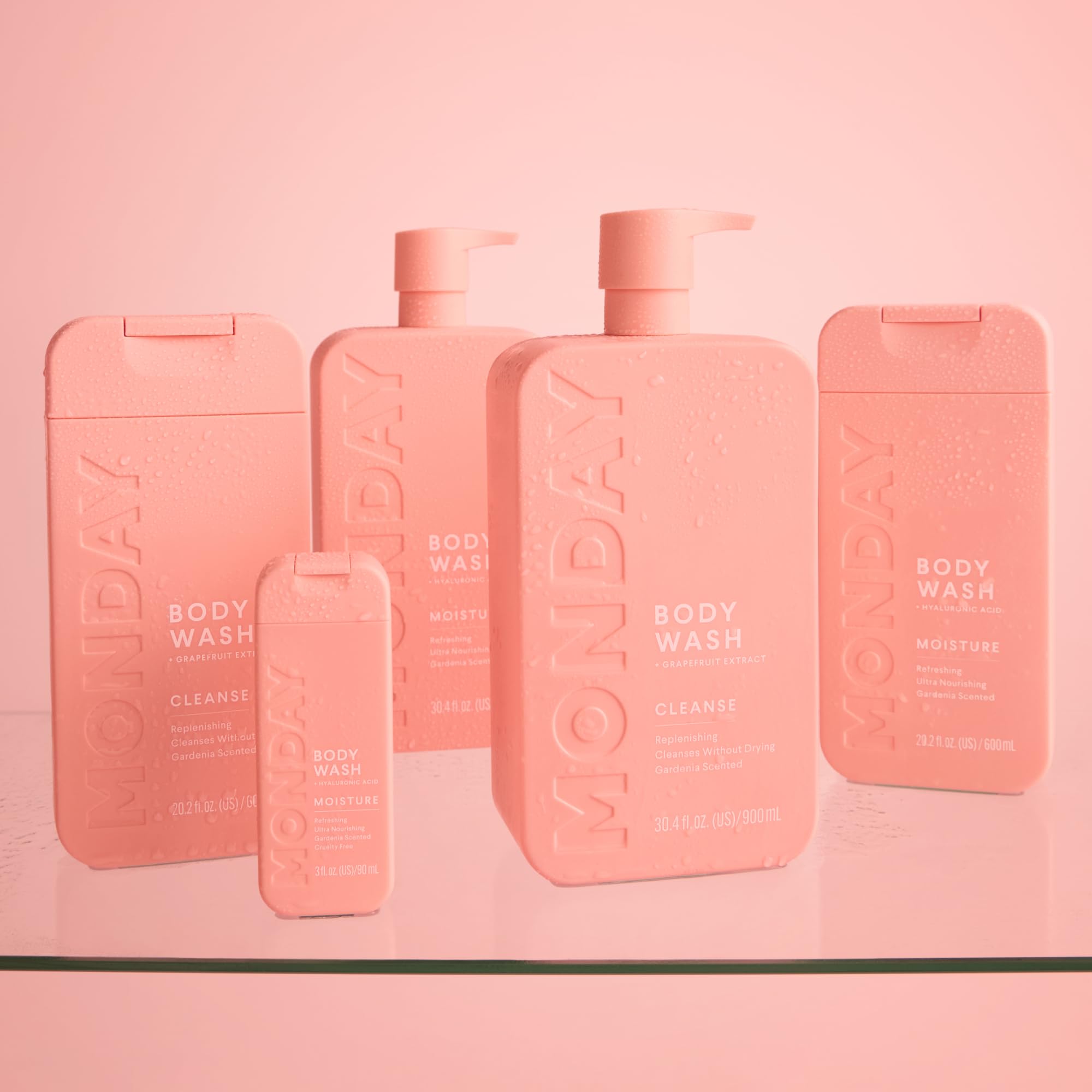 MONDAY HAIRCARE dual-pack on bathroom shelf conveying value and everyday convenience