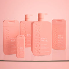 MONDAY HAIRCARE dual-pack on bathroom shelf conveying value and everyday convenience
