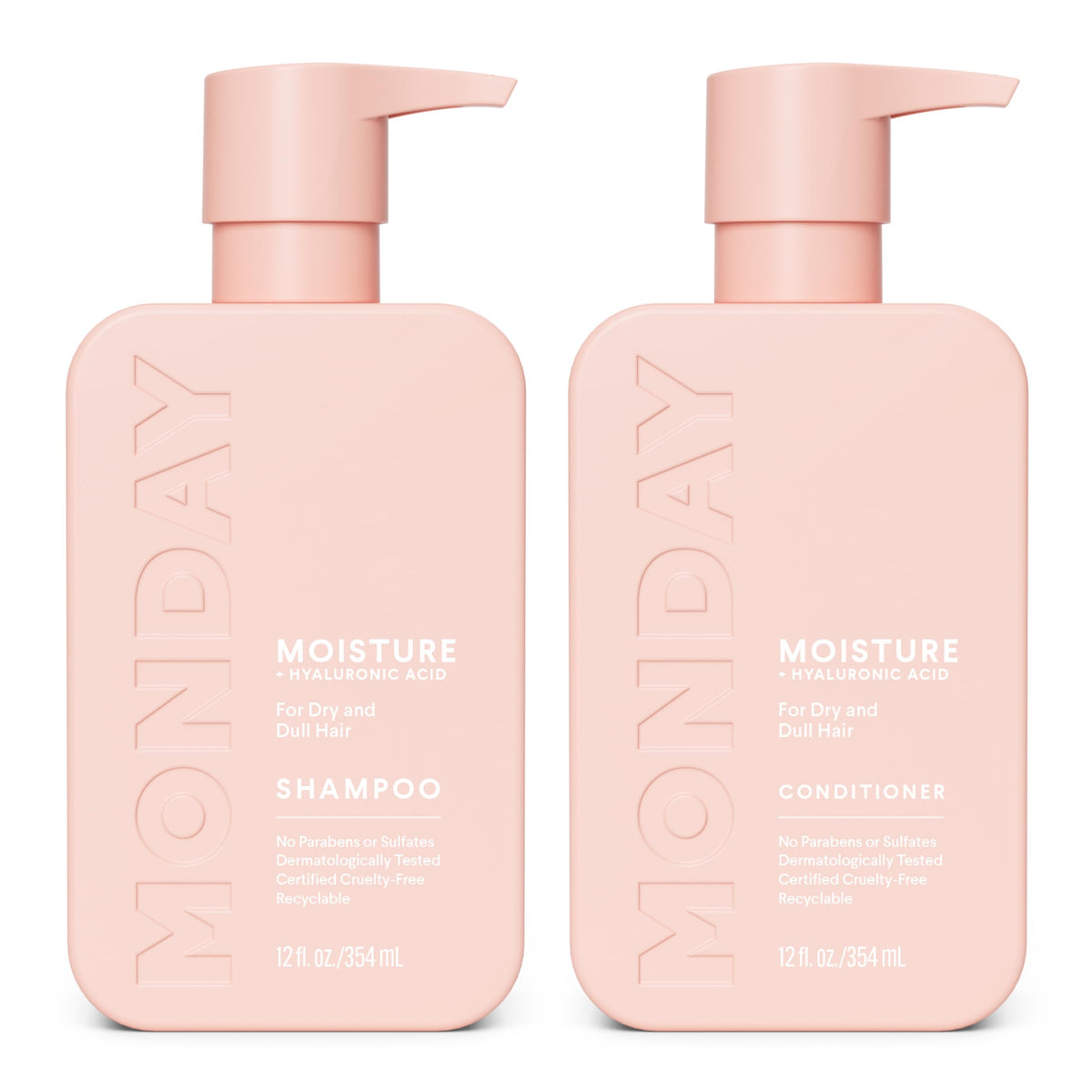 MONDAY HAIRCARE front packaging showing moisturizing shampoo and conditioner benefits