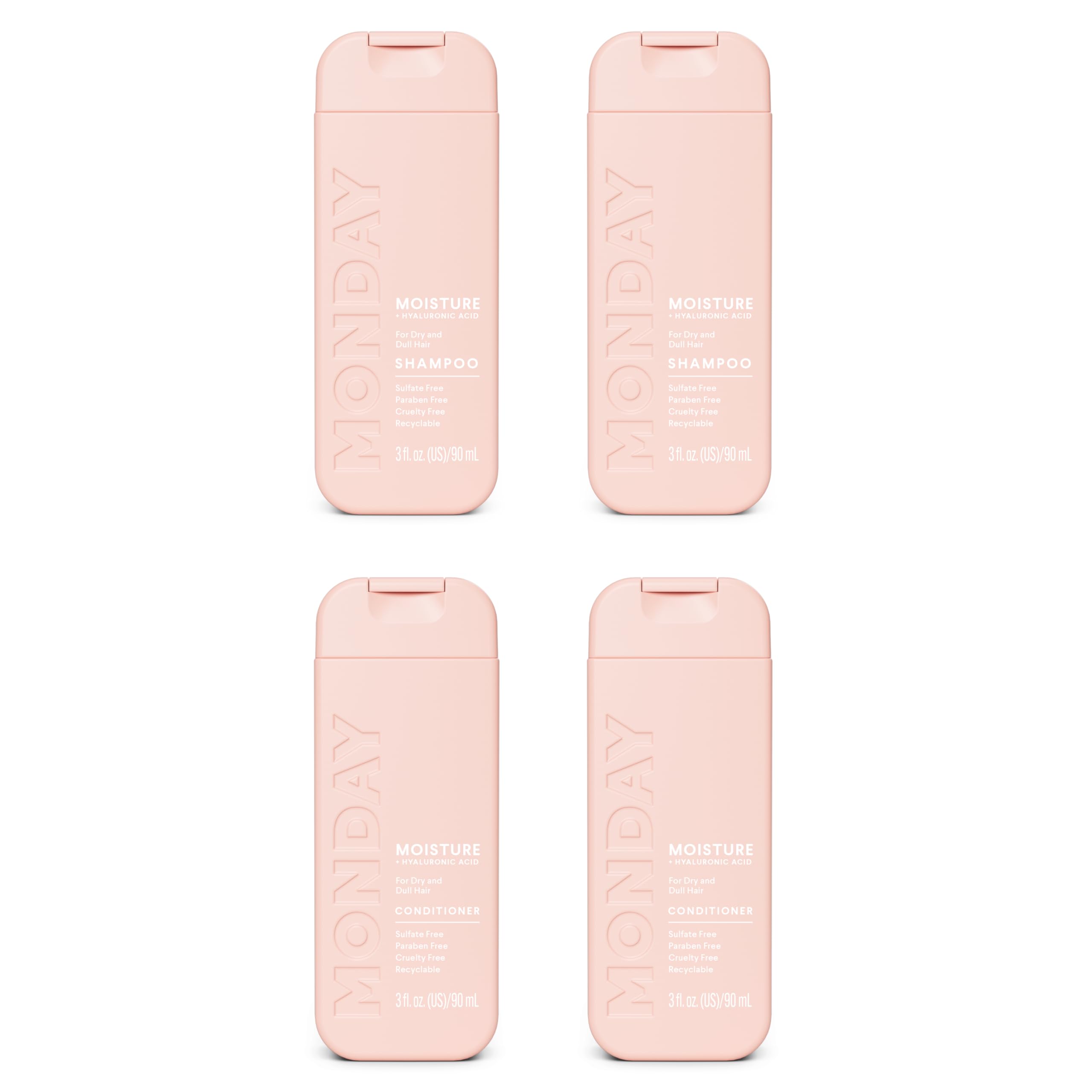 MONDAY HAIRCARE front packaging of MOISTURE duo showing product clarity and travel convenience