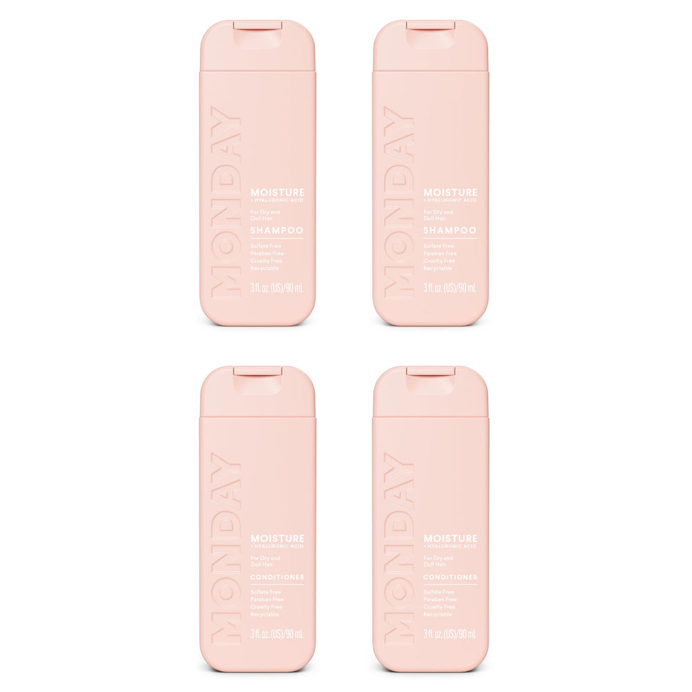 MONDAY HAIRCARE front packaging of MOISTURE duo showing product clarity and travel convenience