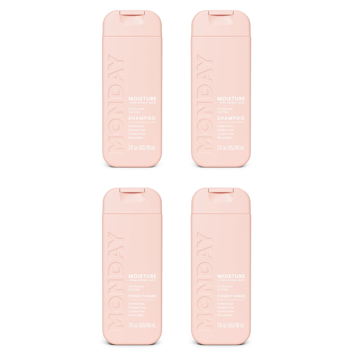 MONDAY HAIRCARE front packaging of MOISTURE duo showing product clarity and travel convenience