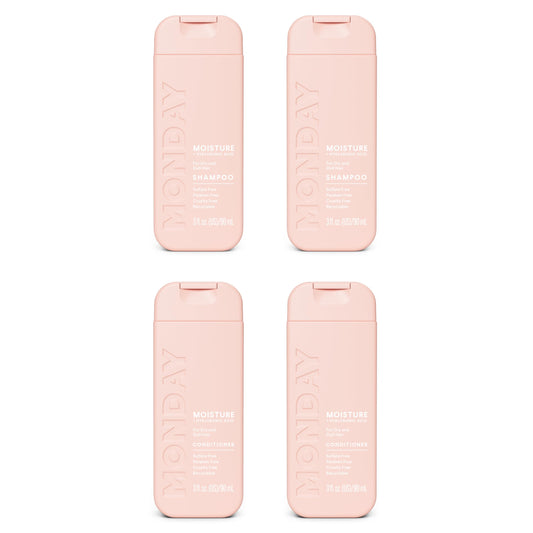 MONDAY HAIRCARE front packaging of MOISTURE duo showing product clarity and travel convenience