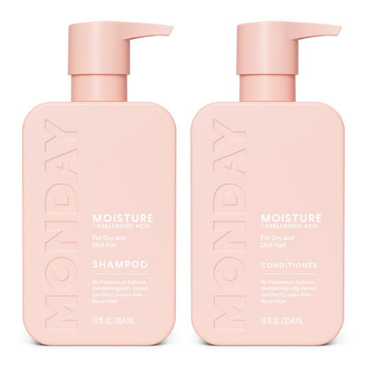 MONDAY HAIRCARE front packaging showing moisturizing shampoo and conditioner benefits