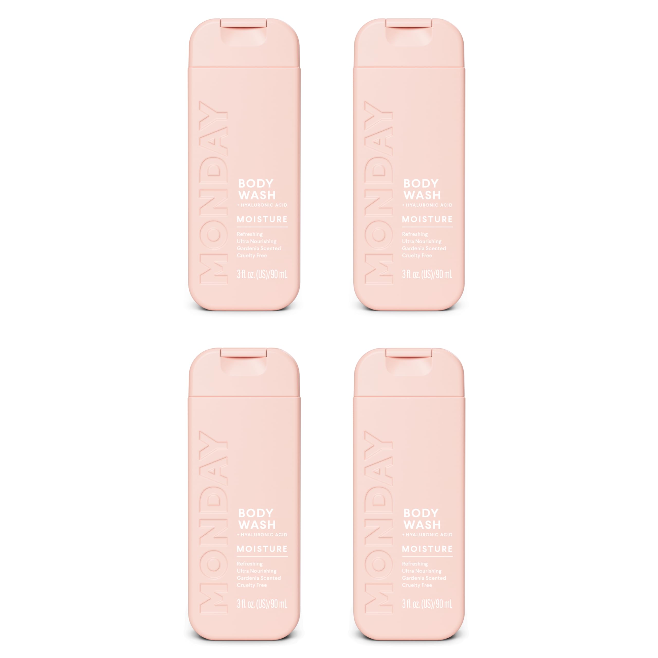 MONDAY HAIRCARE front packaging of four travel bottles showing recyclable design and portability