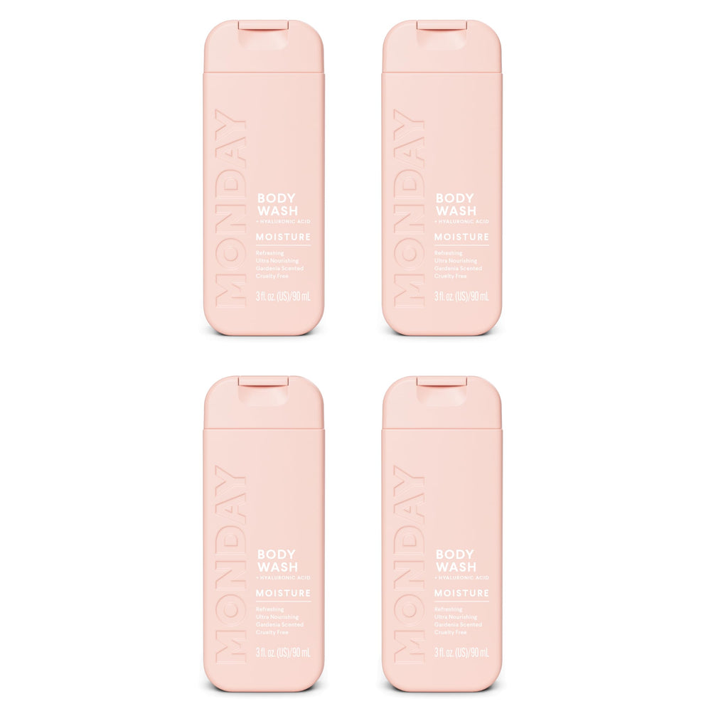 MONDAY HAIRCARE front packaging of four travel bottles showing recyclable design and portability