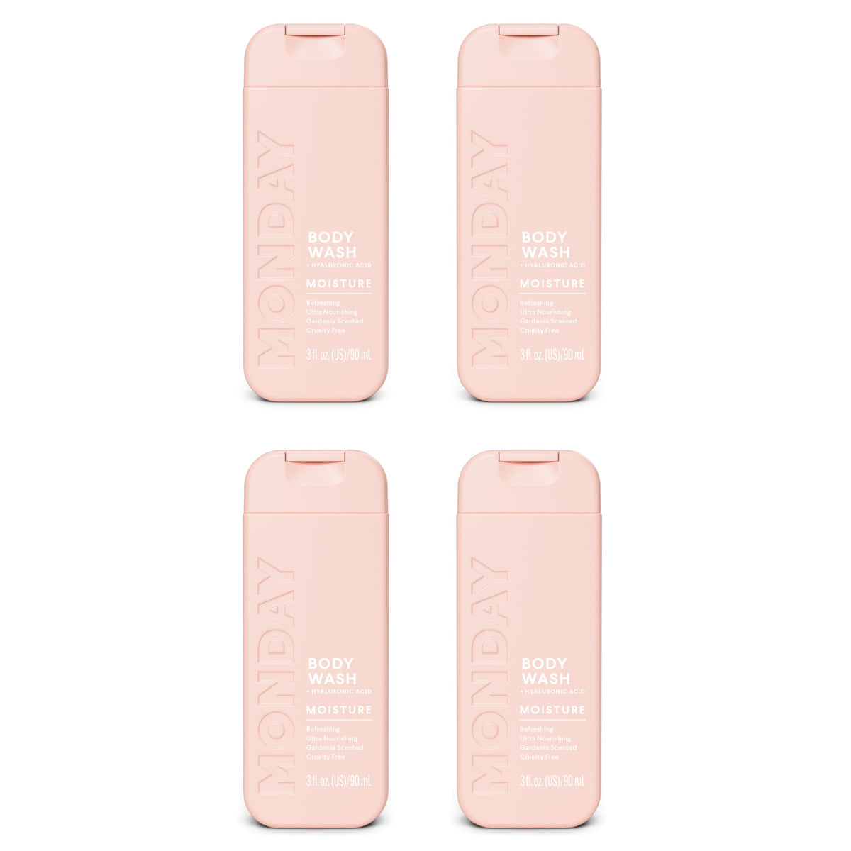 MONDAY HAIRCARE front packaging of four travel bottles showing recyclable design and portability