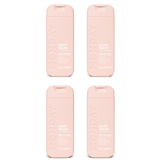 MONDAY HAIRCARE front packaging of four travel bottles showing recyclable design and portability