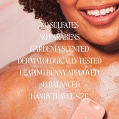 MONDAY HAIRCARE travel bottles next to passport showing compact size and travel convenience