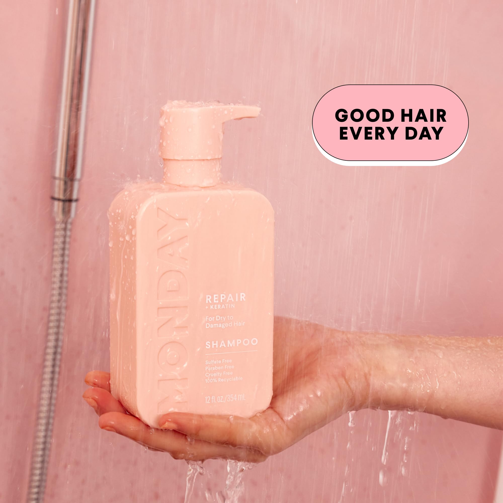 MONDAY HAIRCARE pump dispensing conditioner into palm for easy application and controlled use