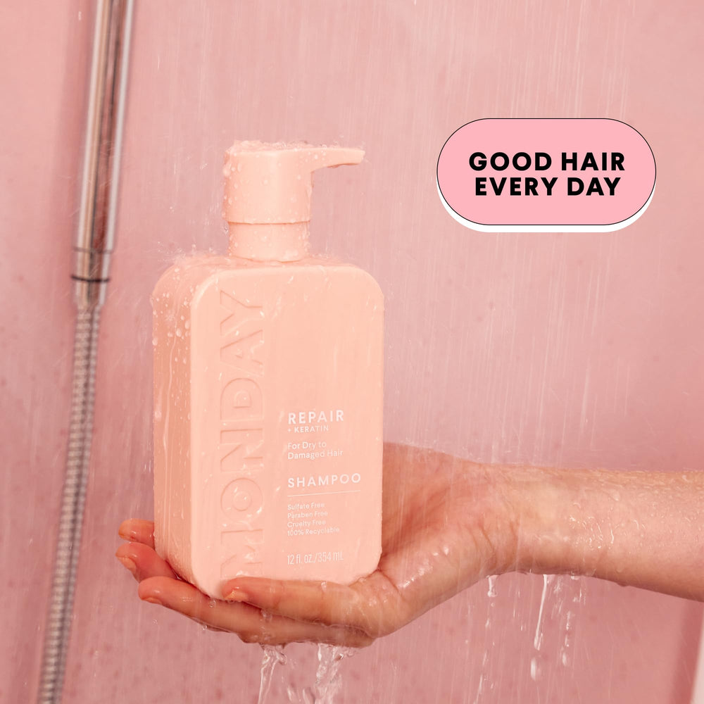 MONDAY HAIRCARE pump dispensing conditioner into palm for easy application and controlled use