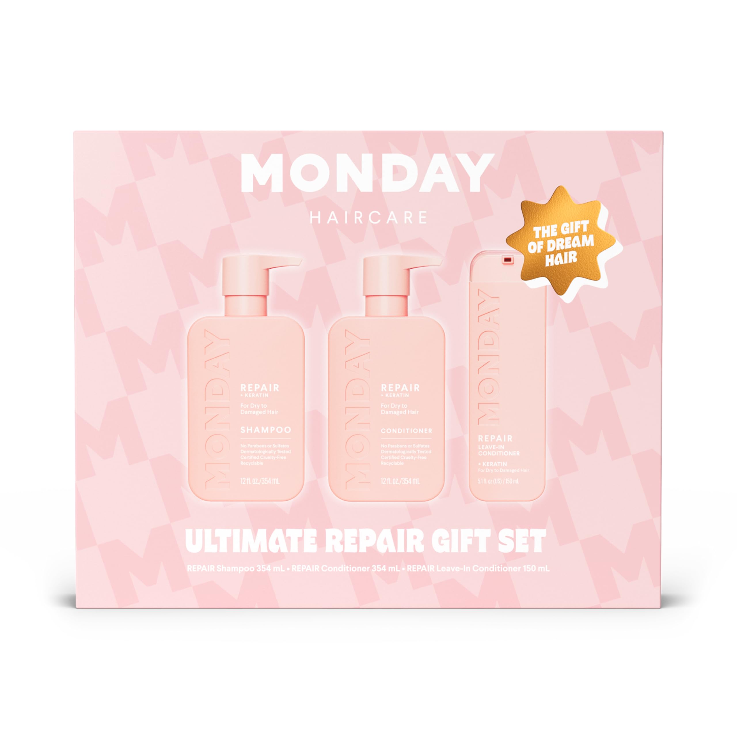 MONDAY HAIRCARE front packaging of the repair gift set showing complete trio and benefit