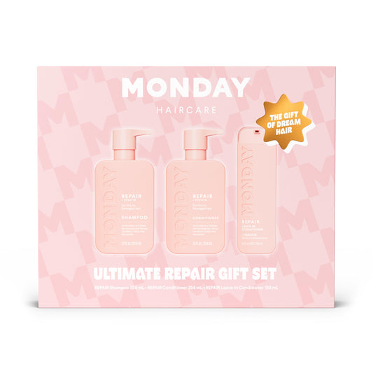 MONDAY HAIRCARE front packaging of the repair gift set showing complete trio and benefit