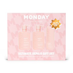MONDAY HAIRCARE front packaging of the repair gift set showing complete trio and benefit