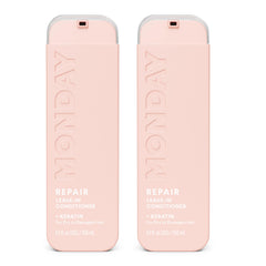 MONDAY HAIRCARE front packaging showing twin 5 oz bottles and product benefit