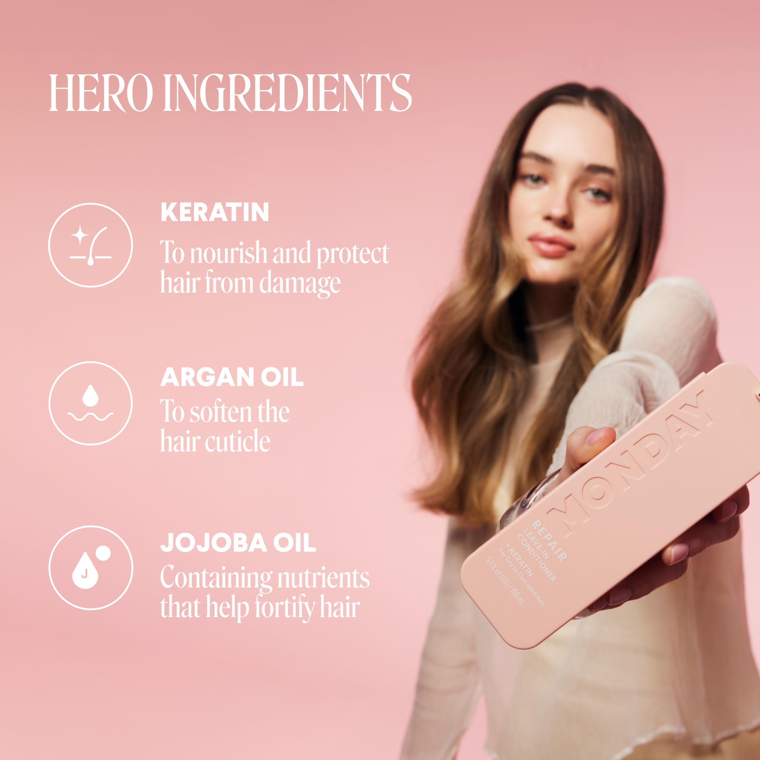 MONDAY HAIRCARE applied to damp hair demonstrating detangling and frizz control benefit